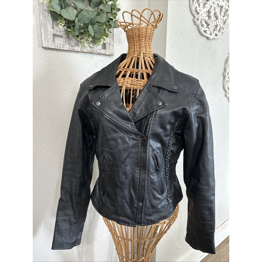 Vintage Silver Bike Ladies Size S Black Leather‎ Jacket Biker Goth Emo Y2K Crop